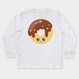 Kawaii Donut, Chocolate Donut, Doughnut, Hearts Kids Long Sleeve T-Shirt